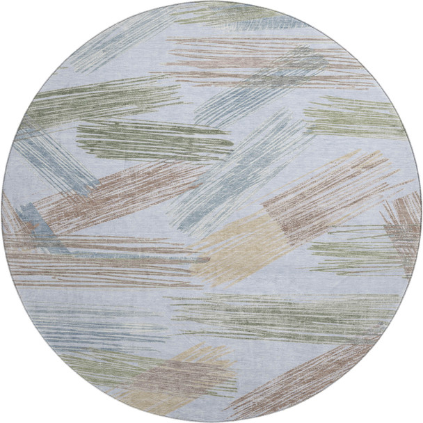 8' Sky Blue Gold And Taupe Striped Washable Round Rug With UV Protection
