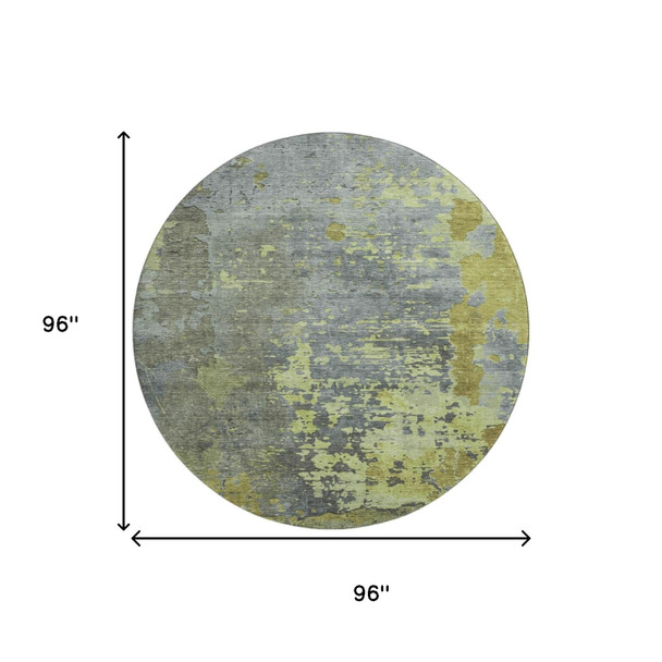8' Artichoke Green And Gray Abstract Washable Round Rug With UV Protection