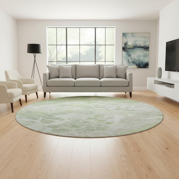 8' Artichoke Green Ivory And Gray Abstract Washable Round Rug With UV Protection