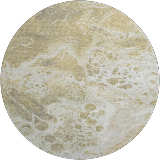 8' Gold Beige And Ivory Abstract Washable Round Rug With UV Protection