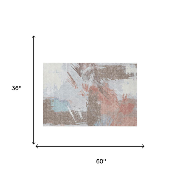3' X 5' Taupe Blue And Ivory Abstract Washable Area Rug With UV Protection