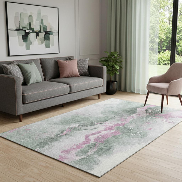 5' X 8' Sage Mauve And Ivory Abstract Washable Area Rug With UV Protection