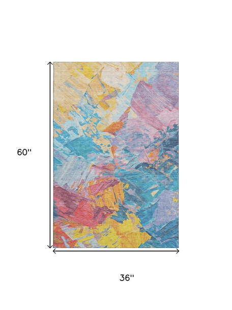 3' X 5' Blue Yellow And Pink Abstract Washable Area Rug With UV Protection