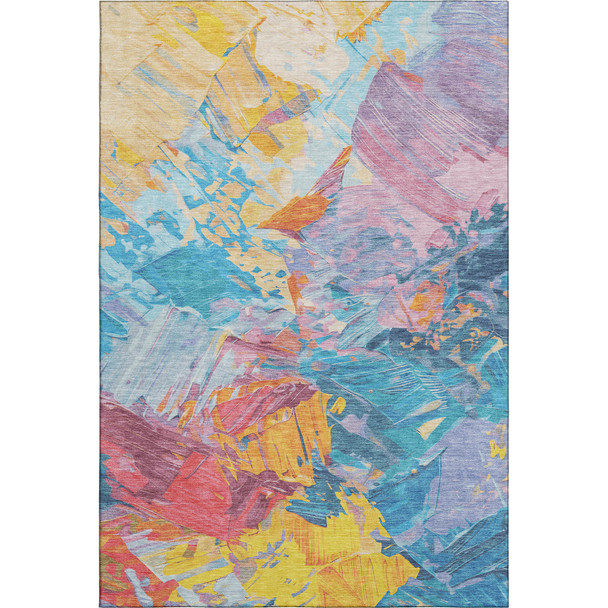 5' X 8' Blue Yellow And Pink Abstract Washable Area Rug With UV Protection
