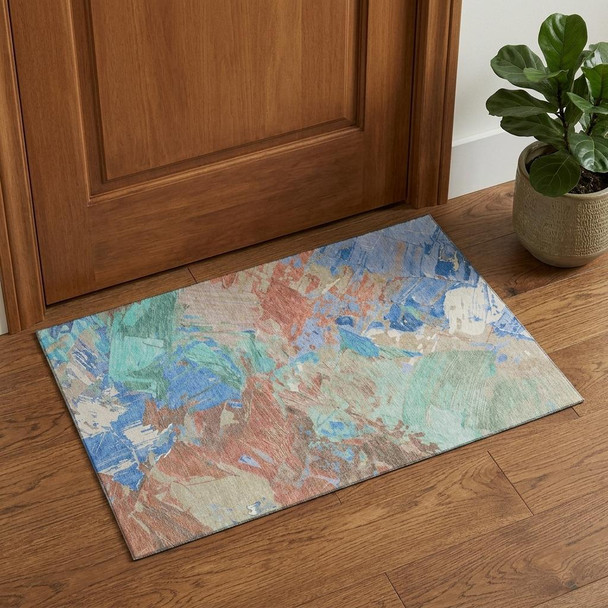 3' X 5' Coral Teal And Copper Abstract Washable Area Rug With UV Protection