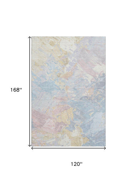 10' X 14' Sky Blue Beige And Mauve Abstract Washable Area Rug With UV Protection