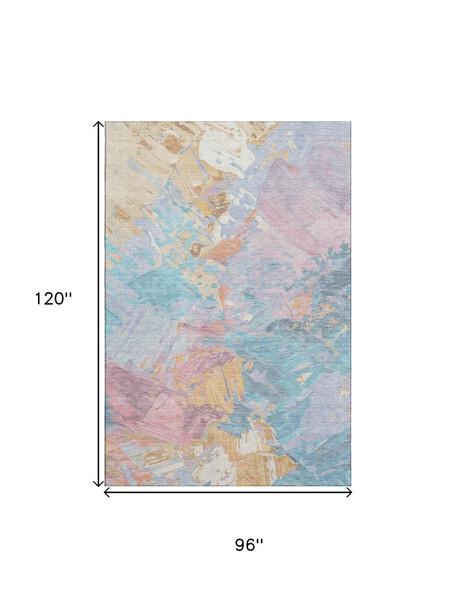 8' X 10' Teal Gold And Pink Abstract Washable Area Rug With UV Protection