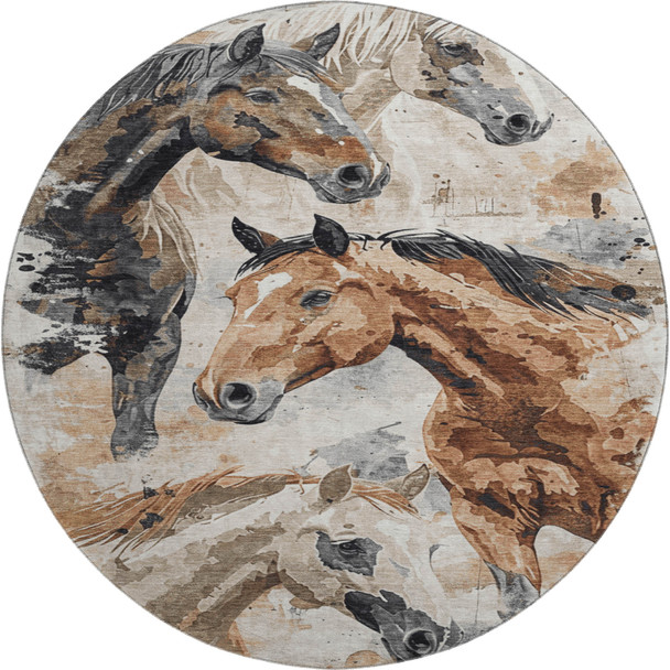 8' Beige Brown And Charcoal Animal Print Washable Round Rug With UV Protection