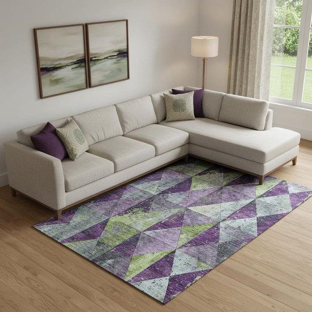 9' X 12' Purple Green And Ivory Geometric Washable Area Rug With UV Protection