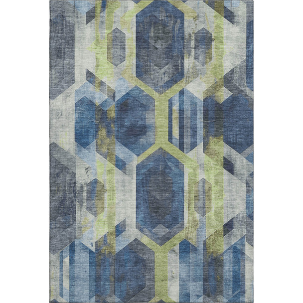 8' X 10' Navy Blue Green And Gray Geometric Washable Area Rug With UV Protection