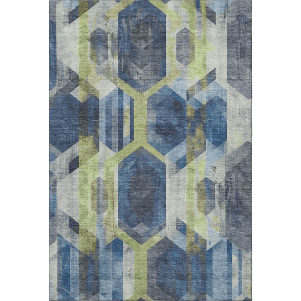 10' X 14' Navy Blue Green And Gray Geometric Washable Area Rug With UV Protection