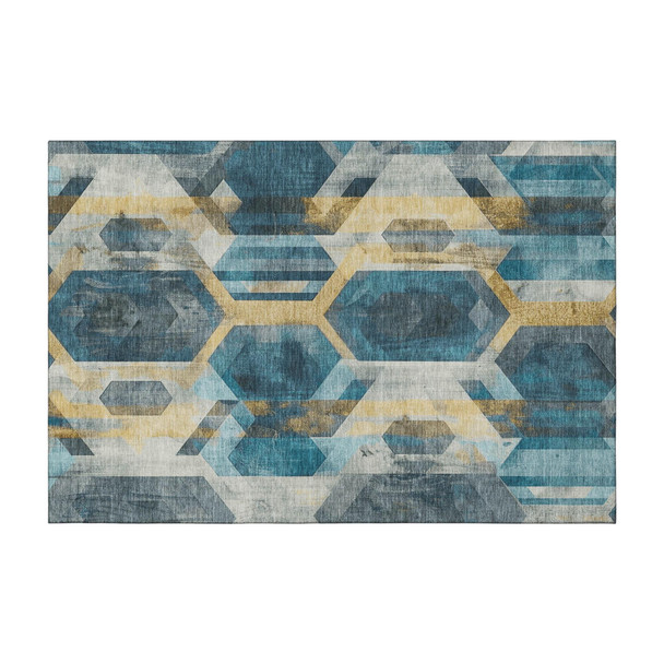 3' X 5' Teal Gold And Silver Geometric Washable Area Rug With UV Protection