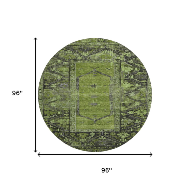 8' Olive Green And Charcoal Oriental Washable Round Rug With UV Protection