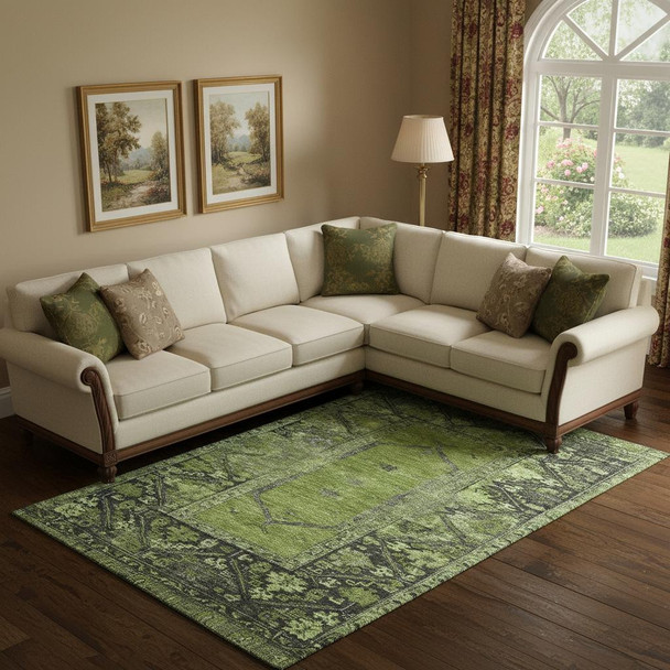 10' X 14' Olive Green And Charcoal Oriental Washable Area Rug With UV Protection