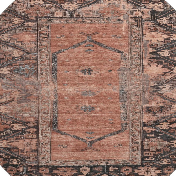 8' Terra Cotta And Charcoal Oriental Washable Round Rug With UV Protection