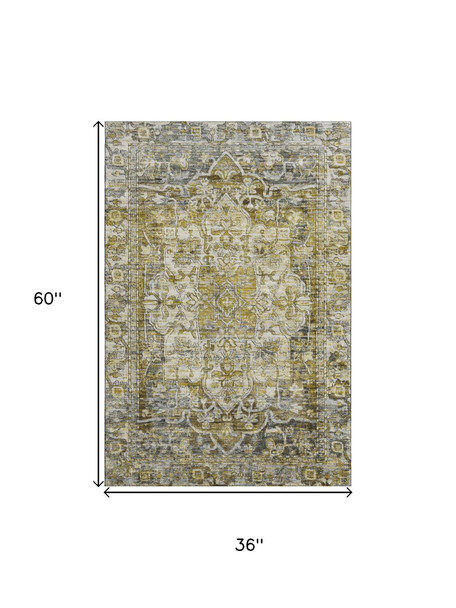 3' X 5' Pewter Gold And Ivory Oriental Washable Area Rug With UV Protection