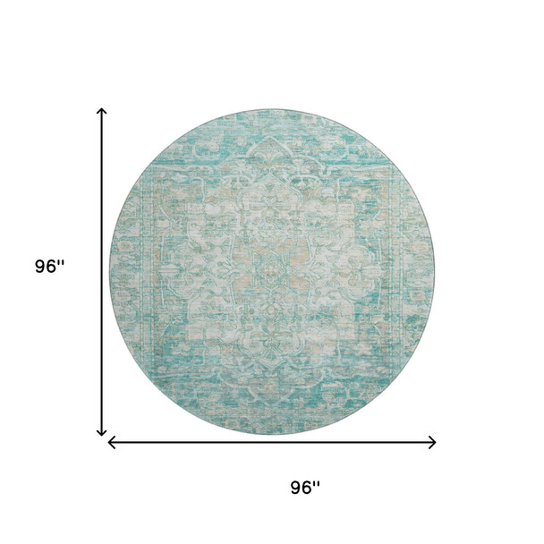 8' Teal Ivory And Beige Oriental Washable Round Rug With UV Protection