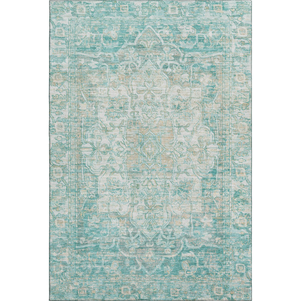 10' X 14' Teal Ivory And Beige Oriental Washable Area Rug With UV Protection