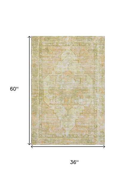 3' X 5' Gold And Ivory Oriental Washable Area Rug With UV Protection