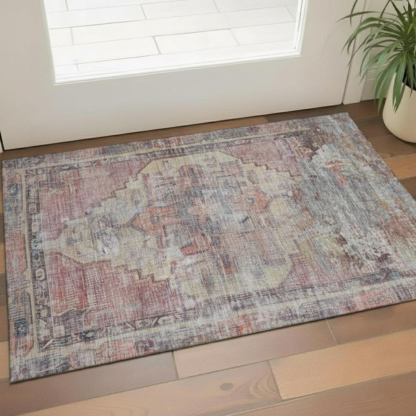 3' X 5' Rust Gray And Gold Oriental Washable Area Rug With UV Protection