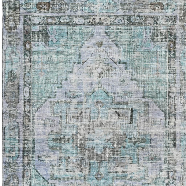 10' X 14' Teal And Charcoal Oriental Washable Area Rug With UV Protection