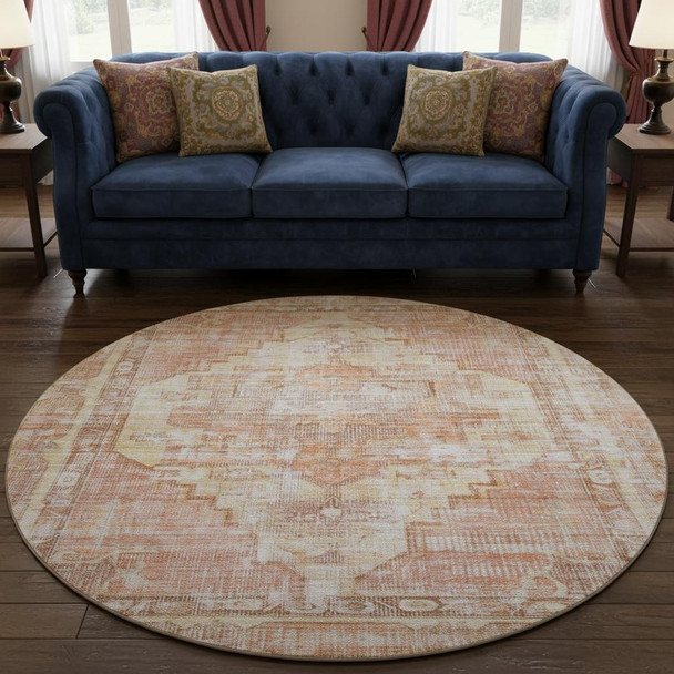 8' Terra Cotta Ivory And Wheat Oriental Washable Round Rug With UV Protection