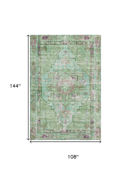 9' X 12' Artichoke Green Lavender And Teal Oriental Washable Area Rug With UV Protection