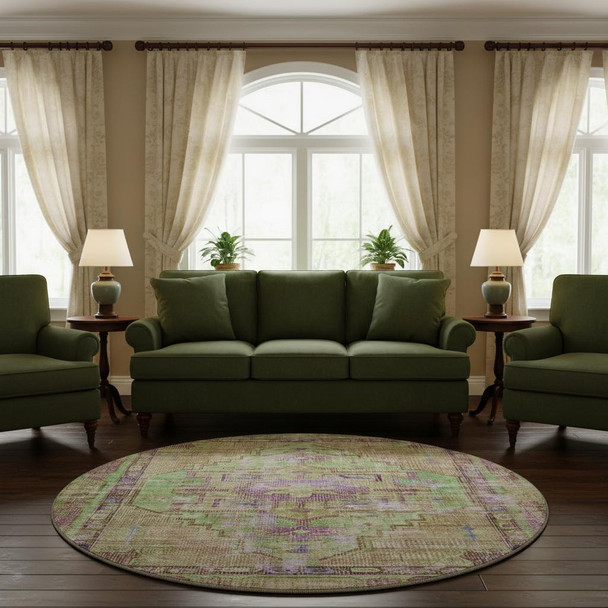 8' Lime Green Purple And Beige Oriental Washable Round Rug With UV Protection