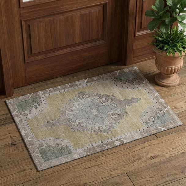 3' X 5' Beige Gray And Charcoal Oriental Washable Area Rug With UV Protection