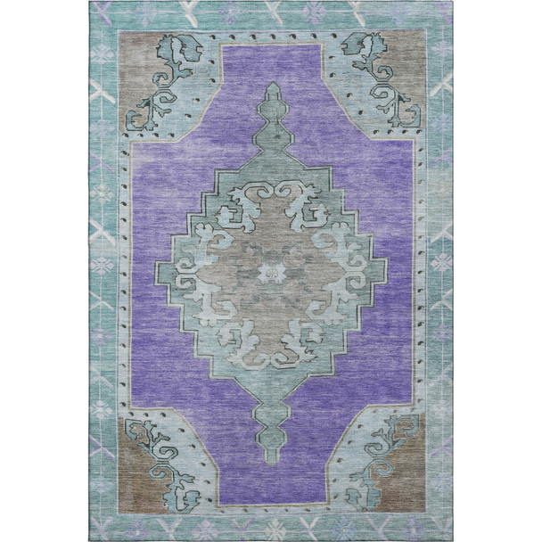 5' X 8' Purple Teal And Taupe Oriental Washable Area Rug With UV Protection