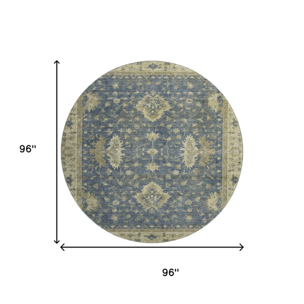 8' Blue And Olive Green Oriental Washable Round Rug With UV Protection