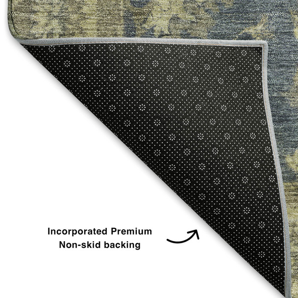 9' X 12' Blue And Olive Green Oriental Washable Area Rug With UV Protection