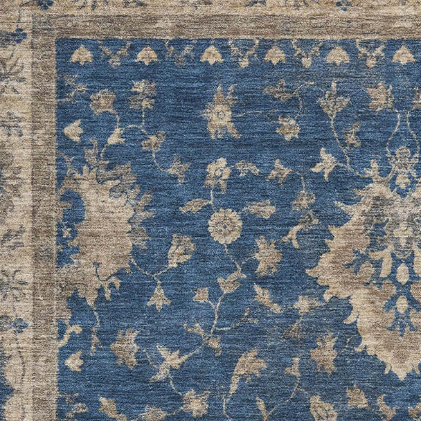 5' X 8' Navy Blue And Beige Oriental Washable Area Rug With UV Protection
