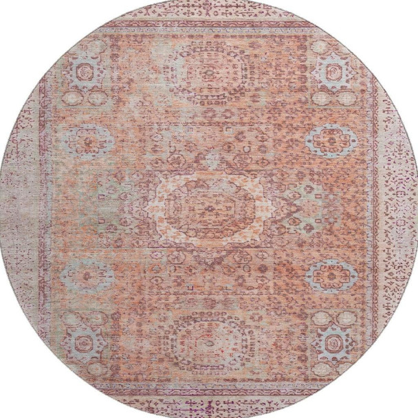8' Orange And Gray Oriental Washable Round Rug With UV Protection
