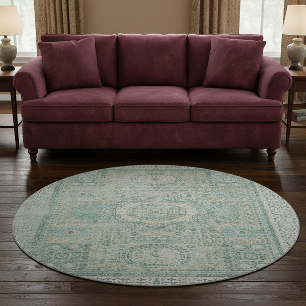 8' Turquoise And Beige Oriental Washable Round Rug With UV Protection