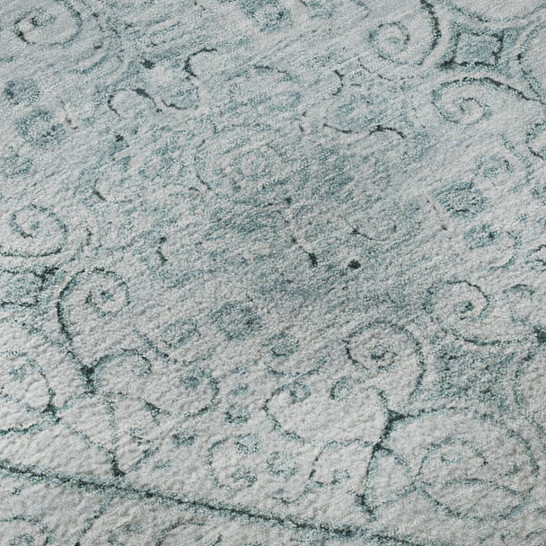 8' Aqua And Ivory Geometric Washable Round Rug With UV Protection