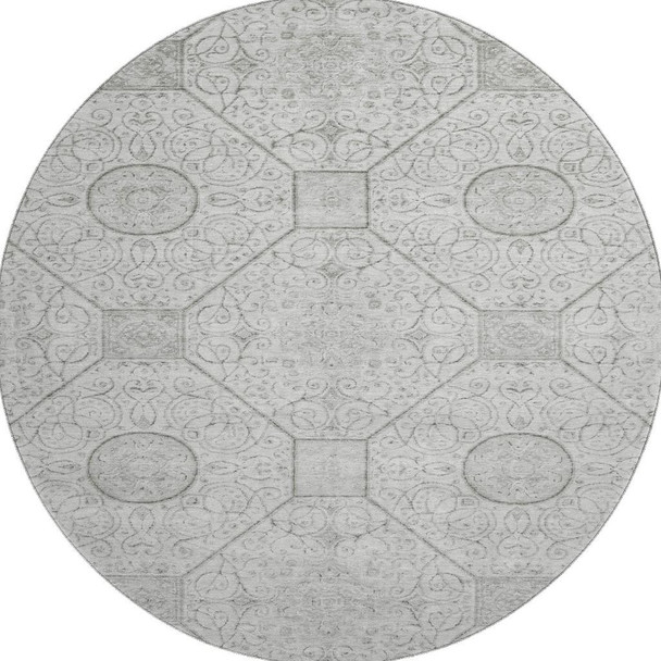 8' Silver And Gray Geometric Washable Round Rug With UV Protection