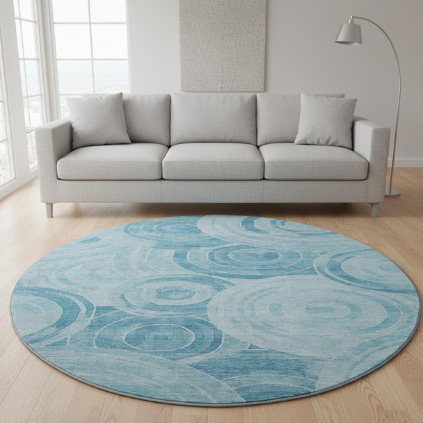 8' Denim Blue And Sky Blue Geometric Washable Round Rug With UV Protection