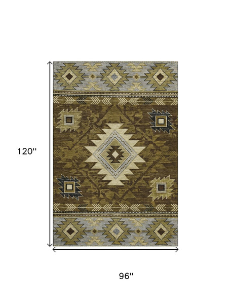 8' X 10' Brown Beige And Charcoal Geometric Washable Area Rug With UV Protection