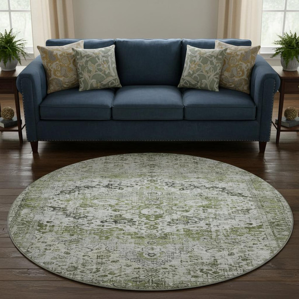 8' Artichoke Green Gray And Charcoal Oriental Washable Round Rug With UV Protection