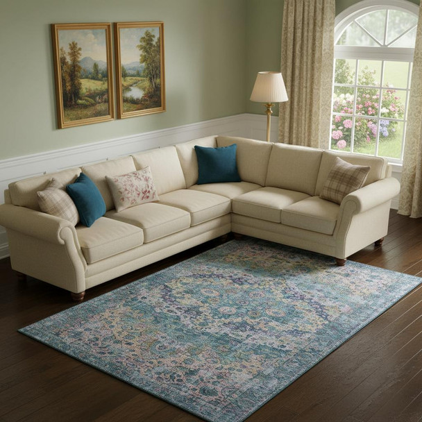 9' X 12' Denim Blue Beige And Wheat Oriental Washable Area Rug With UV Protection