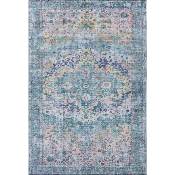 10' X 14' Denim Blue Beige And Wheat Oriental Washable Area Rug With UV Protection