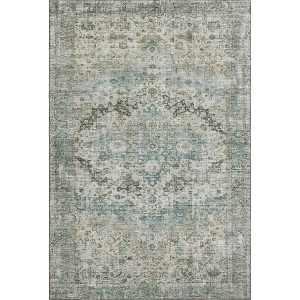 9' X 12' Sage Beige And Teal Oriental Washable Area Rug With UV Protection