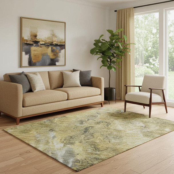 5' X 8' Taupe Gold And Ivory Abstract Washable Area Rug With UV Protection