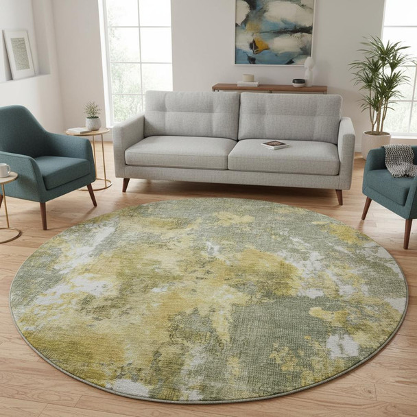 8' Taupe Gold And Ivory Abstract Washable Round Rug With UV Protection