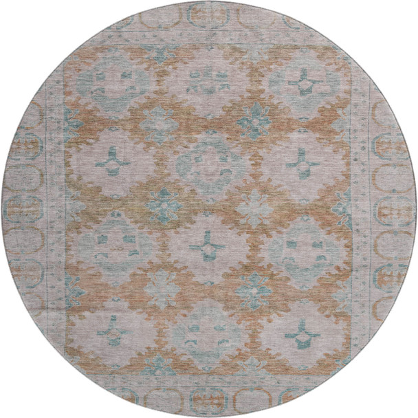 8' Terra Cotta And Teal Oriental Washable Round Rug With UV Protection