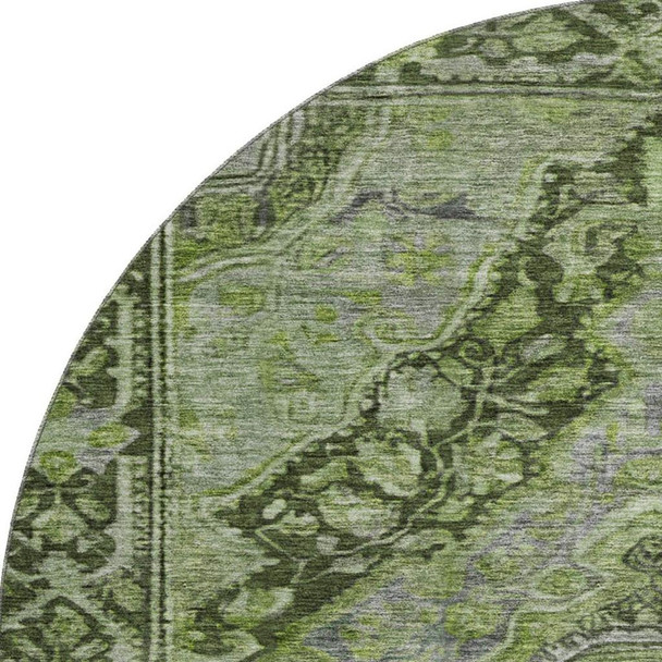 8' Olive Green And Gray Oriental Washable Round Rug With UV Protection