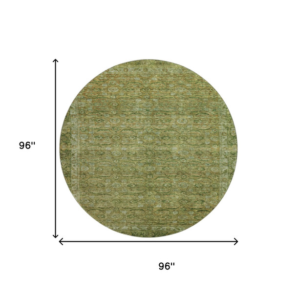 8' Artichoke Green And Copper Oriental Washable Round Rug With UV Protection