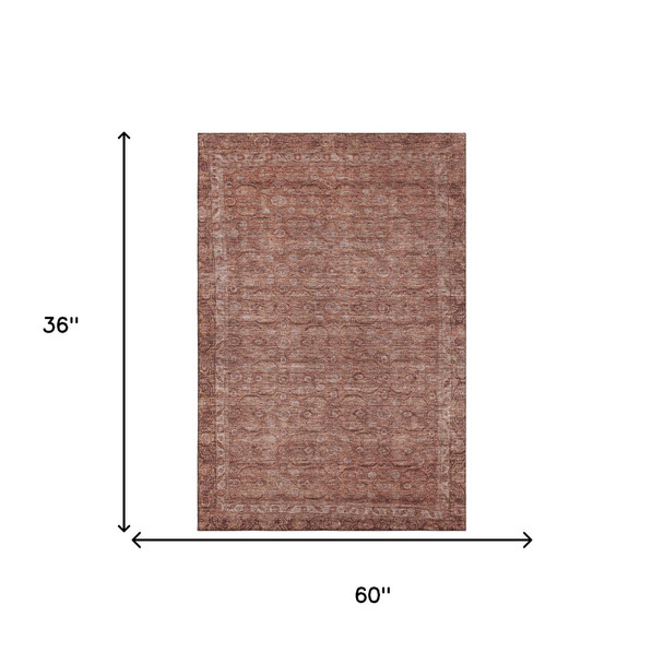 3' X 5' Terra Cotta And Rust Oriental Washable Area Rug With UV Protection