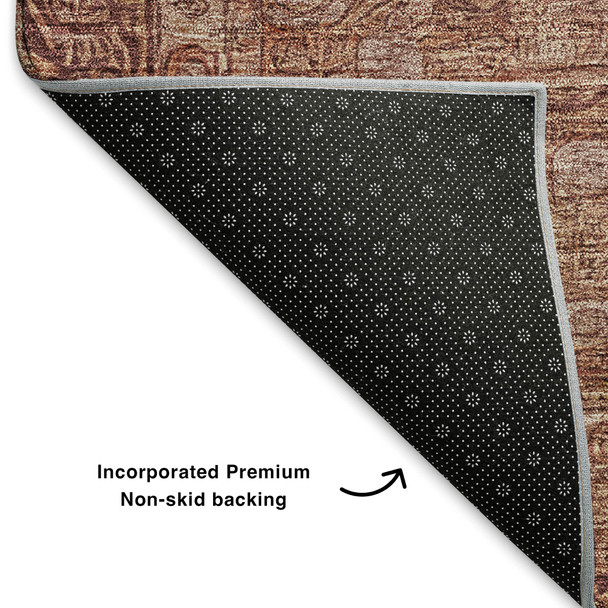 8' Terra Cotta And Rust Oriental Washable Round Rug With UV Protection